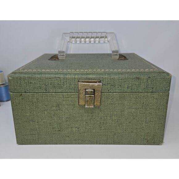Vintage Green Wood Sewing Box w/ Spool Caddy 70+ Thread Spools JP Coats TG&Y - Picture 7 of 16